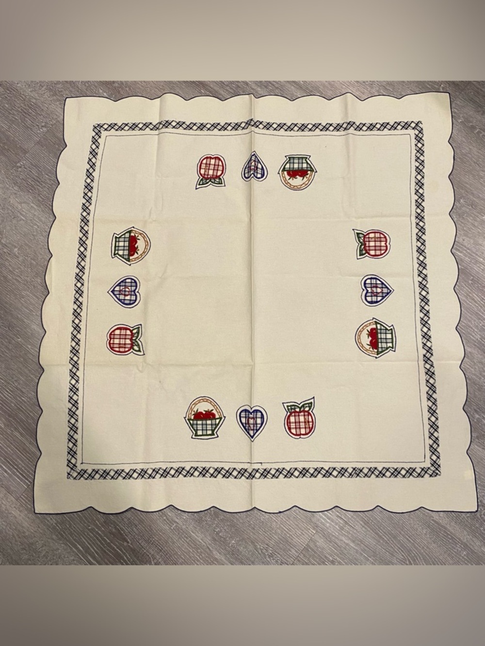 Vintage Linen Tablecloth Embroidered Apple Plaid Farmhouse Cottagecore Kitchen